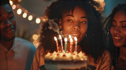 A Black woman celebrates her birthday with friends. She holds a cake with candles and blows them out. Her friends made a surprise for her.