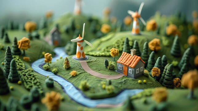 A claymation landscape with a river running through it. There are hills, trees, houses, and windmills in the landscape.
