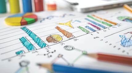A close-up of a desk with a financial report and colorful graphs and charts.