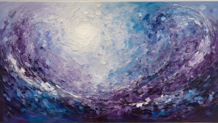 Abstract canvas art of a swirling galaxy in blues and purples. Celestial motion and cosmic beauty.