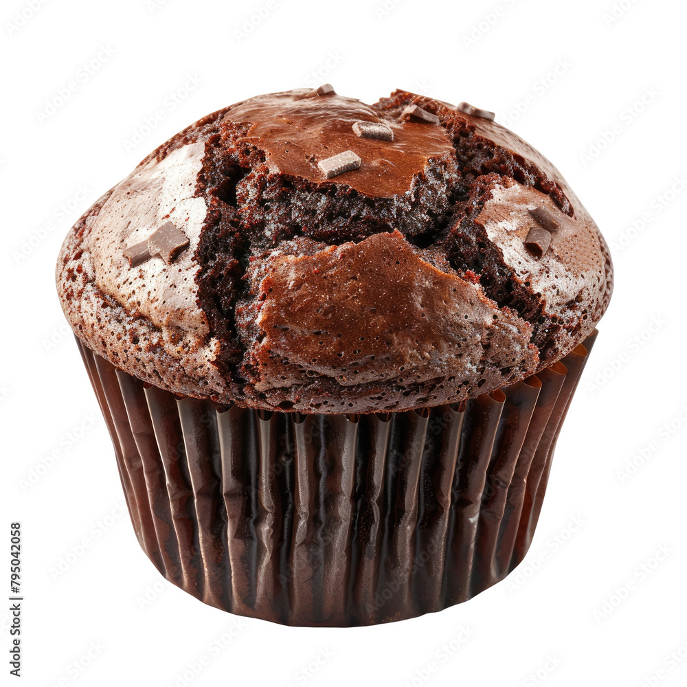 Poster a delectable chocolate muffin with a crispy top set against a pristine transparent background and al