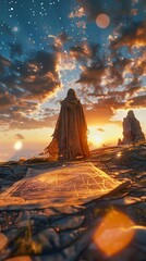 Ancient map, tattered cloak, mysterious explorer, uncovering portals to parallel worlds, under a starlit sky, 3D render, golden hour, Lens Flare, Point-of-view shot