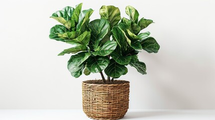 A large vibrant green glossy-leafed fiddle leaf fig or ficus lyrata plant popular for air purifying is pictured isolated on pristine white in a woven rattan basket perfect for a tropical home 