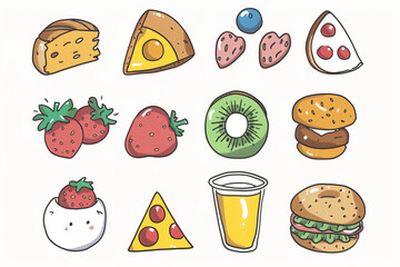 A set of food items drawn in a cartoon style, including pizza, sandwiches