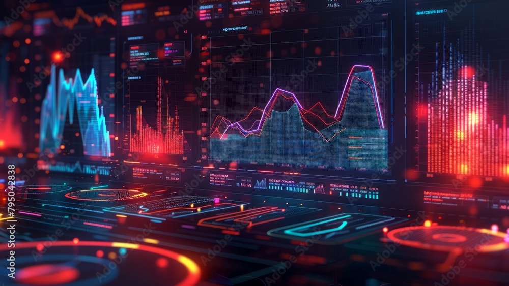 Poster a futuristic dashboard with glowing red and blue graphs and statistics.