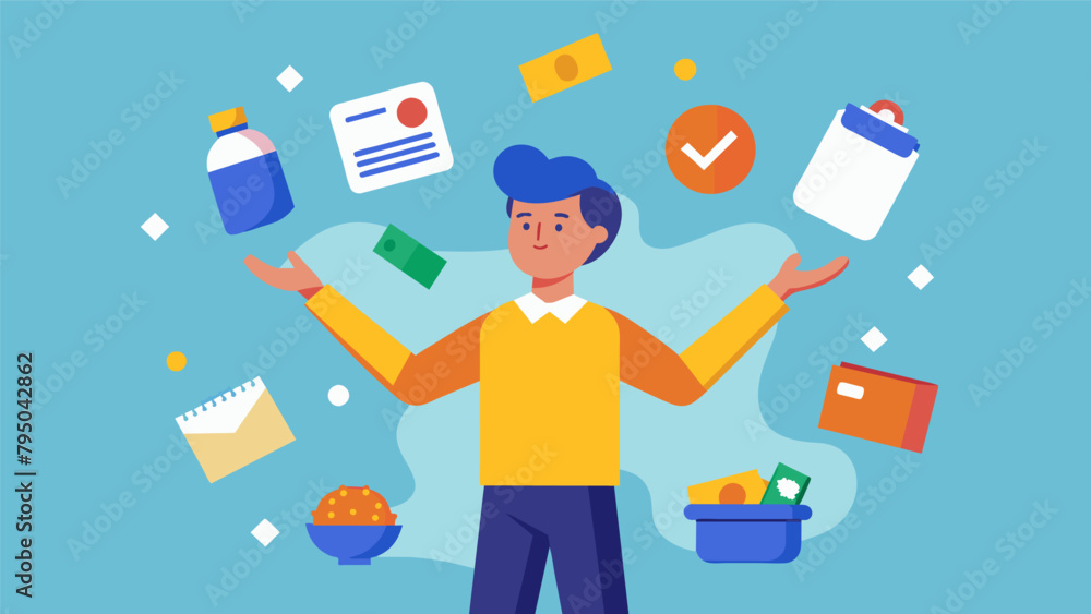 Aufkleber a person juggling different bills with labels like rent groceries and gas in an attempt to manage ex