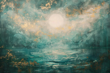 Elevated gaze upon waterways, merging with celestialpunk elements in Adam Elsheimer's vision, light teal, sky-blue, and gentle gold strokes  - obrazy, fototapety, plakaty