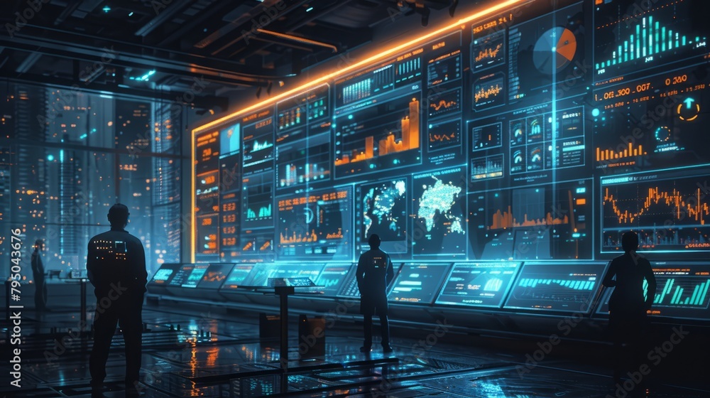 Poster a group of people in a futuristic control room looking at a large screen with graphs and data.