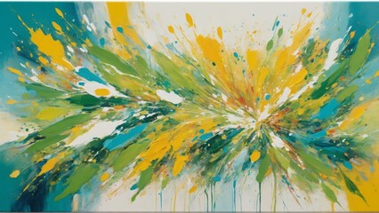 Abstract painting featuring a vibrant explosion of floral elements. Dynamic and colorful art piece.