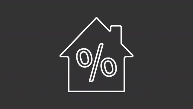 Mortgage white line animation. Animated house and percentage symbol icon. Home buying. Property investment. Isolated illustration on dark background. Transition alpha video. Motion graphic