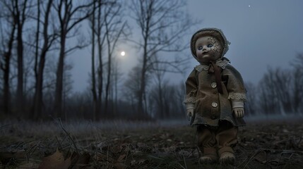 Eerie doll, cracked porcelain, foggy forest clearing, moonlit night, photography, silhouette lighting, vignette, Long shot