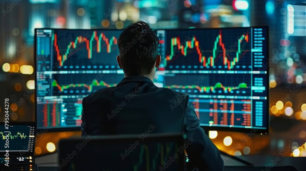 Poster a man in a suit is looking at a lot of stock market data on a computer screen.