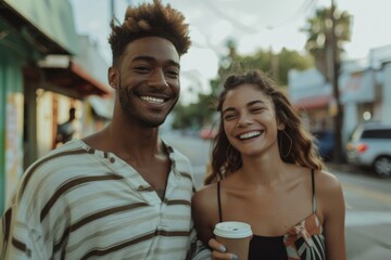 A young interracial couple is seen smiling and holding coffee cups on a city street with soft background