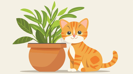 Funny kitten in pot with houseplant indoors Vector illustration