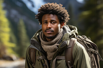 Obraz premium A man travels in the mountains with a backpack.