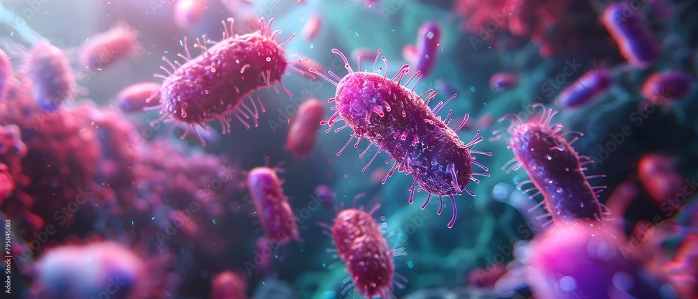Poster closeup view of probiotic bacteria in the digestive system under a microscope. concept microscopic s