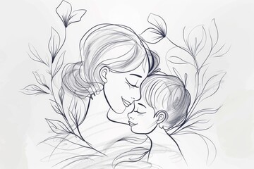 Tender Mother and Child Embrace Line Art Illustration with Floral Elements