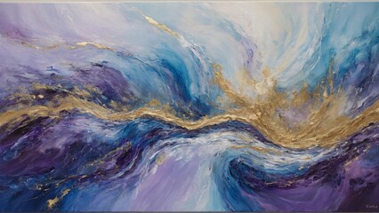 Abstract painting of a wavy landscape with rich purples and golds. Rhythmic undulation and texture.