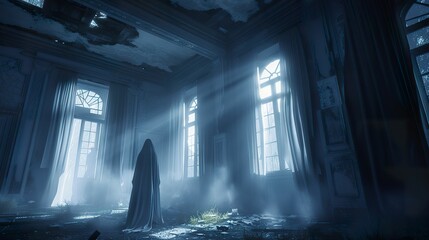 Ethereal ghostly figure lurking in abandoned mansion