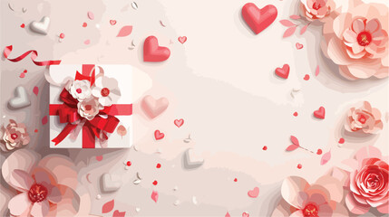 Gift box paper hearts and beautiful flowers on light