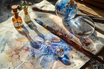 Enchanted objects in watercolor from magic wands to crystal balls - obrazy, fototapety, plakaty