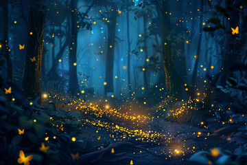 enchanting forest scene, with golden fireflies lighting up a dark blue night, creating a sense of wonder and magic - obrazy, fototapety, plakaty