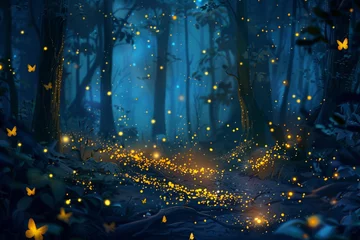 Foto auf Leinwand enchanting forest scene, with golden fireflies lighting up a dark blue night, creating a sense of wonder and magic © xadartstudio