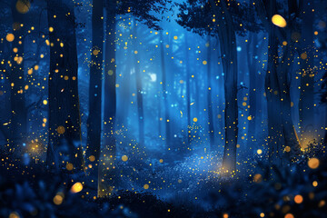enchanting forest scene, with golden fireflies lighting up a dark blue night, creating a sense of wonder and magic