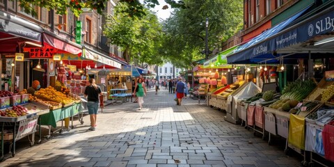 Bustling Outdoor Market Street with Fruit Stalls and Shoppers - Powered by Adobe