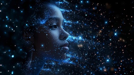 Poster of Digital woman head with space stars, Artificial Intelligence concept. Abstract illustration of a head with blue glowing and shining, machine learning. Mental health care, ezoteric theme