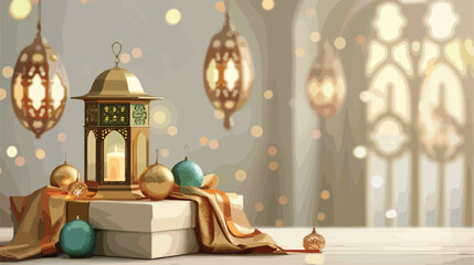 Gift box with Muslim lamp for Ramadan on white table