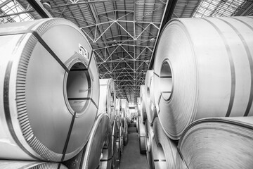 Industrial warehouse. Cold rolled steel coil in warehouse of plant. Production of steel sheets in rolls