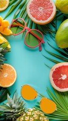 Tropical Summer Vibes with Citrus Fruits and Stylish Sunglasses on Blue Background