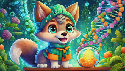 oil painting style CARTOON CHARACTER CUTE BABY wolf Molecular biologist analyzing DNA structure in a lab