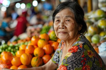 Fototapeta premium Elderly Asian Woman Selling Fresh Oranges at Local Market