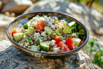 Fresh Greek Salad with Quinoa and Feta Cheese Outdoors