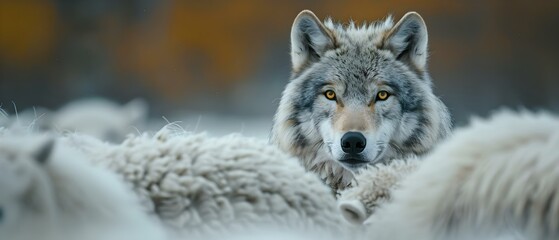 Fototapeta premium A wolf blending in with sheep biding time to reveal true nature. Concept Nature Photography, Animal Behavior, Wildlife Camouflage, Predatory Instincts, Psychological Disguise