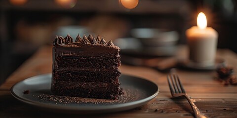Delectable Chocolate Layer Cake Slice on Plate with Festive Candle Ambiance