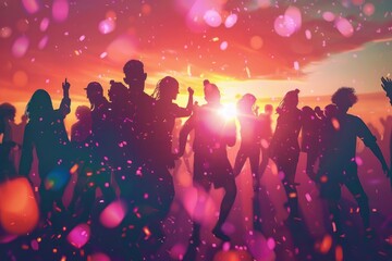 Vibrant Festival Crowd Enjoying Sunset with Colorful Confetti