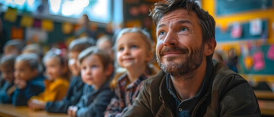 Proud Single Father Attends School Play to Celebrate Achievements with Child. Concept Family Bonding, Shared Achievements, Parental Support, School Events, Celebrating Accomplishments