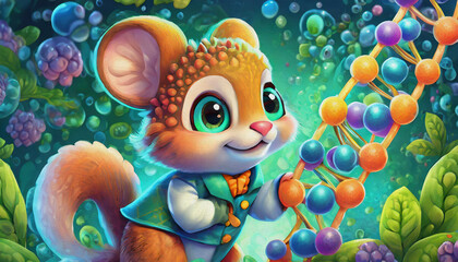 oil painting style CARTOON CHARACTER CUTE BABY mouse Molecular biologist analyzing DNA structure in a lab