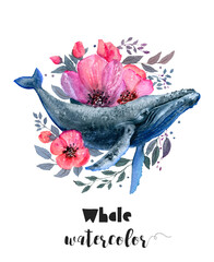 A whale surrounded by pink flowers and leaves in a watercolor painting