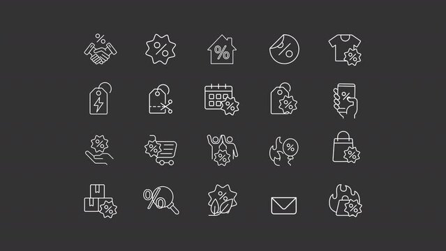 Discounts white line animations. Animated sale related icons. Special deals. Shopping promotions. Marketing. Isolated illustrations on dark background. Transition alpha. HD video. Icon pack