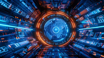 Futuristic Technology Tunnel, Digital Design in Blue Neon, Concept of Modern Space Travel