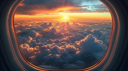 Aeroplane window view, clouds and horizon, travel dreams