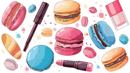 Tasty colorful macarons with makeup cosmetic on white