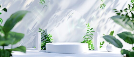 3D realistic white cylinder product pedestal podium background with green leaf. Minimal vertical pattern wall scene mockup product stage showcase.Generative AI