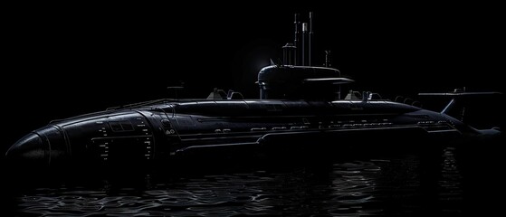 Submarine, sonar technology, navigating through dark depths, encountering ancient ruins, 3D render, silhouette lighting, chromatic aberration, Side view - obrazy, fototapety, plakaty