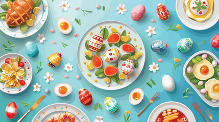 Tasty dishes and painted eggs for Easter dinner on co