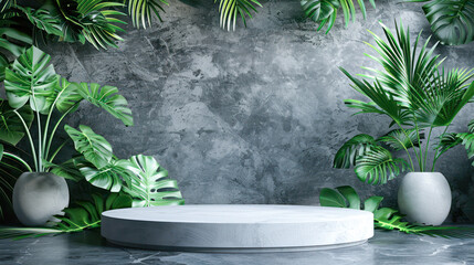 3D realistic white cylinder product pedestal podium background with green leaf. Minimal vertical...